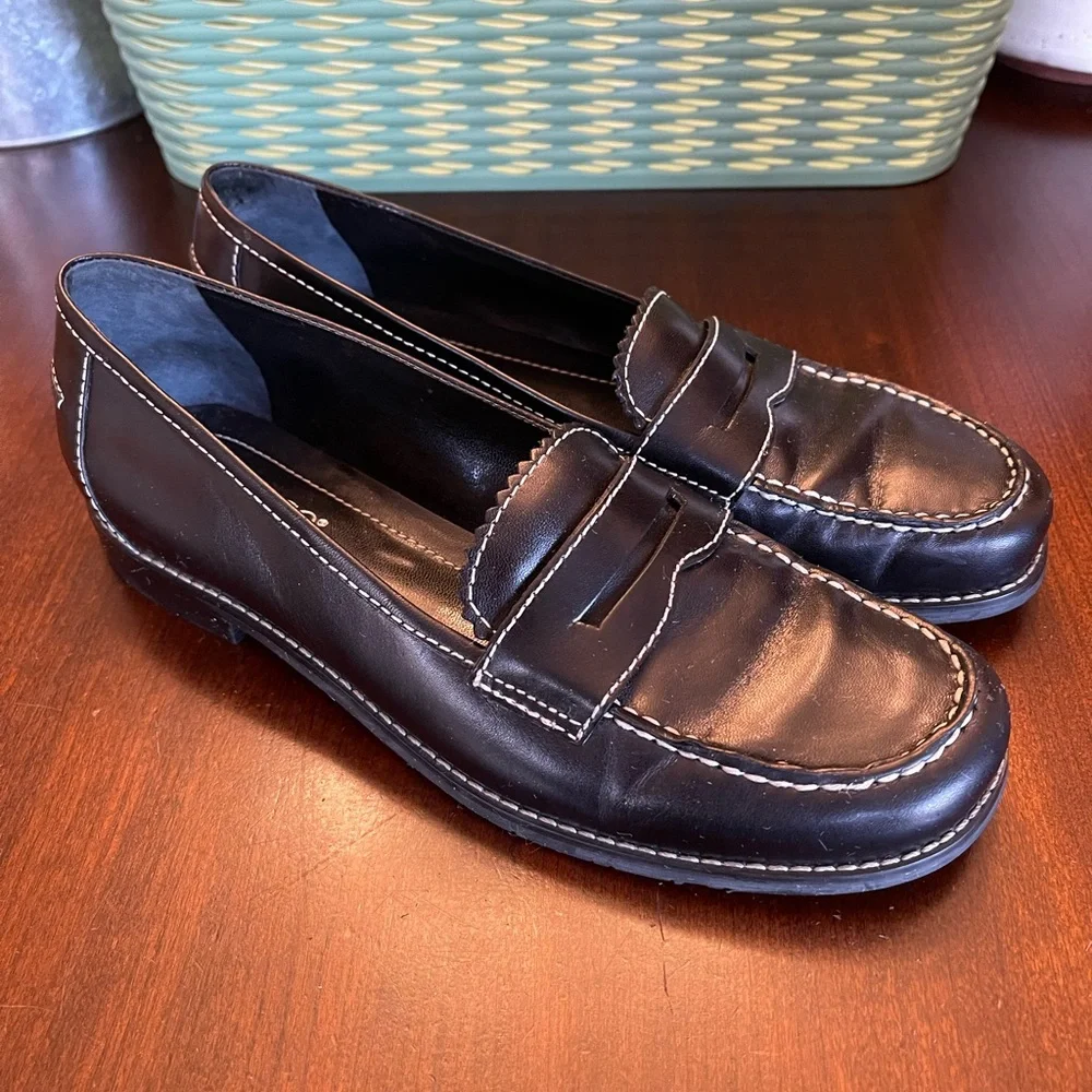 Franco Sarto Black Leather Loafers with White Stitching